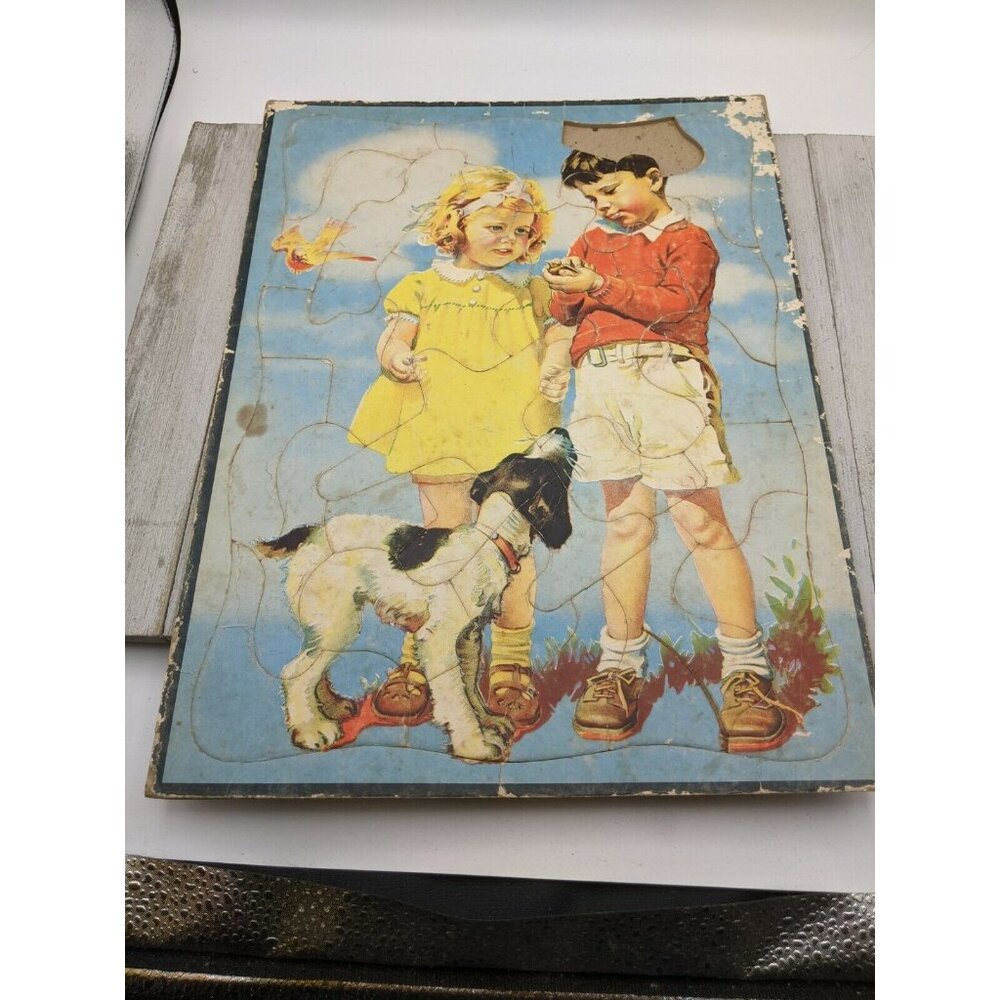 Vintage Jigsaw Puzzle Tray 11 1/4"x14 3/4" Girl Boy Dog Missing 1 Piece